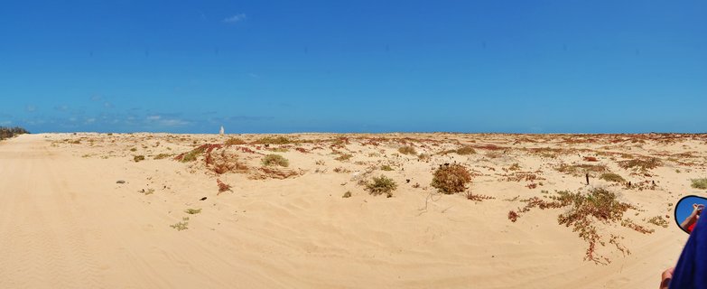Wide desert landscape showing sandy terrain with scattered low shrubs, a dirt track on the left, and a white structure visible on the distant horizon under a clear blue sky