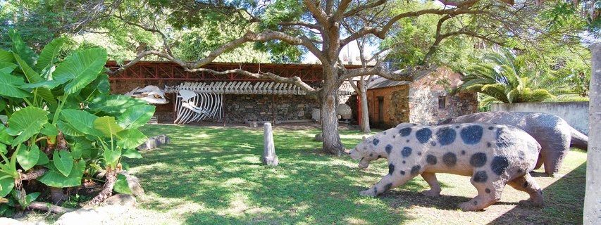 Outdoor museum garden with large spotted prehistoric animal sculpture on grass, whale skeleton displayed under covered stone structure, mature trees and tropical plants in background