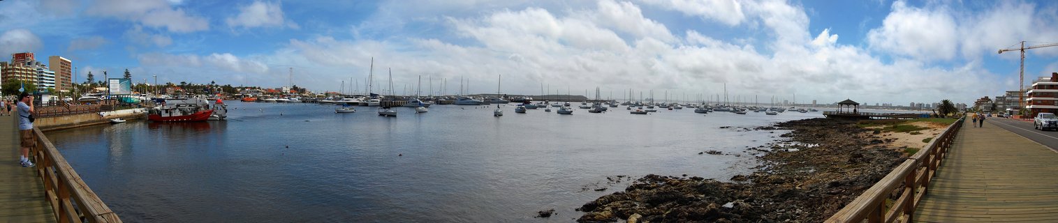 Wide harbor view showing dozens of sailboats anchored in calm water, with wooden boardwalks on both sides, buildings along the shoreline, and blue sky with scattered white clouds above