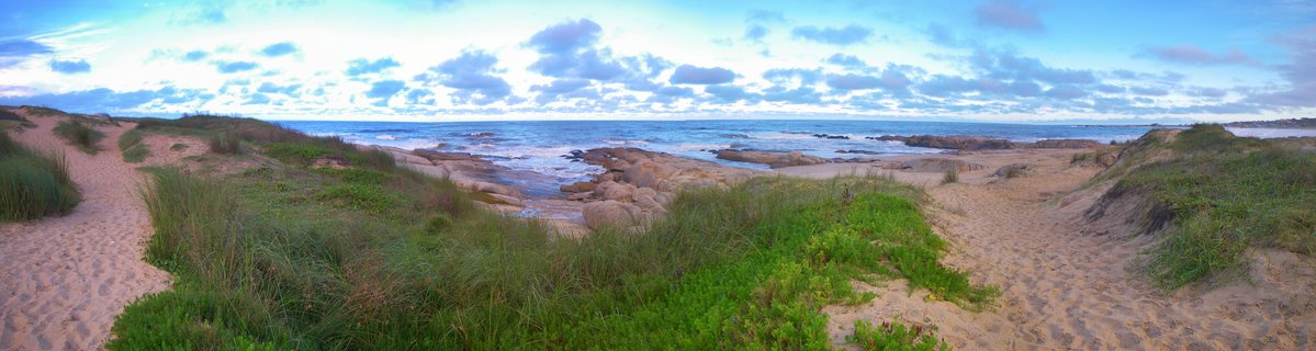 Wide coastal panorama showing sand dunes with green grasses in the foreground, rocky shoreline in the middle ground, and Atlantic Ocean under cloudy sky