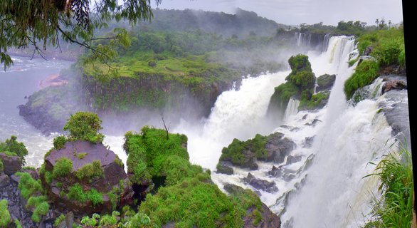 Multiple waterfall cascades at Iguazu Falls in Argentina with white water flowing over dark basalt rock formations, surrounded by dense green tropical rainforest vegetation and rising mist under overcast sky conditions