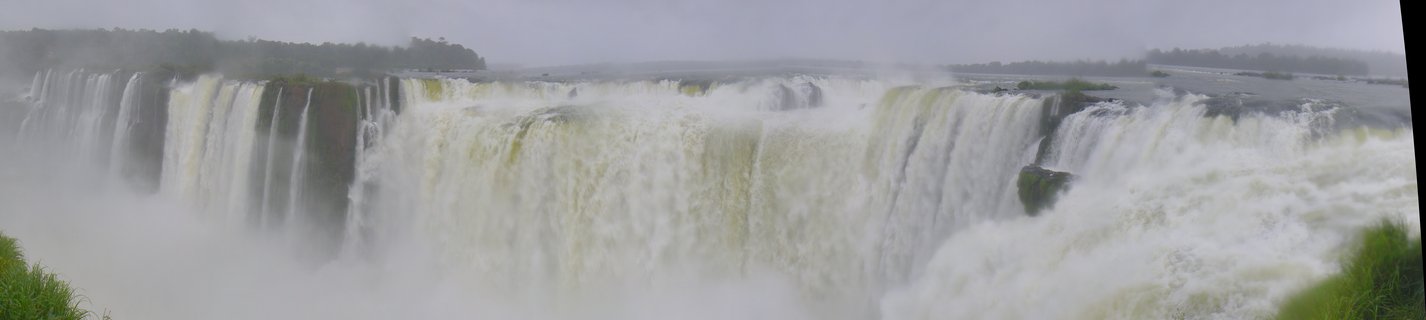 Wide panoramic photograph of Iguazu Falls showing multiple waterfall cascades with white water plunging over cliffs, heavy mist at the base, and green vegetation along the clifftops under an overcast sky