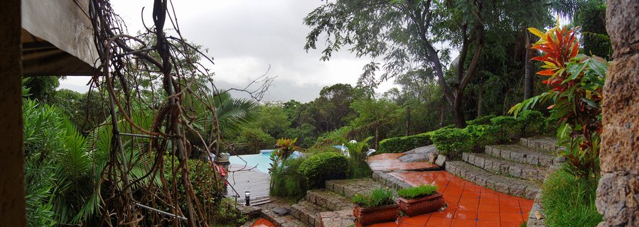 Swimming pool with terraced garden, tropical plants, stone steps, and forest background in Brazil