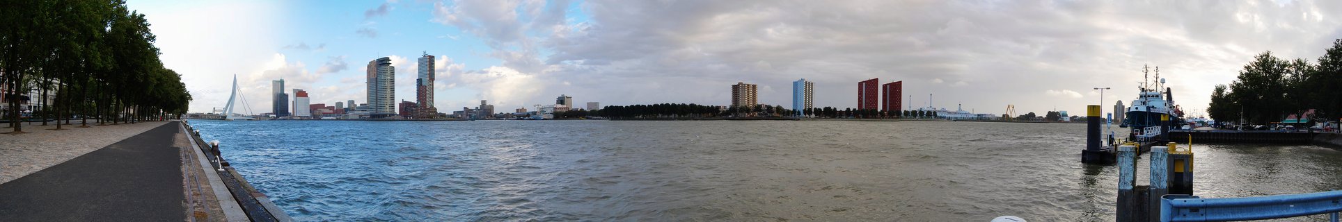 Panoramic cityscape of Rotterdam showing the Erasmus Bridge, modern skyscrapers, and harbor along the Nieuwe Maas river with trees lining a waterfront promenade