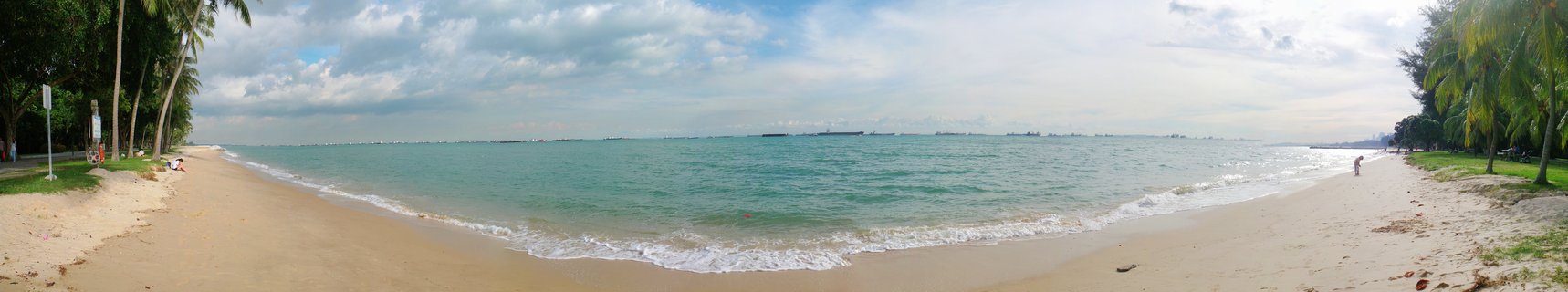Wide beach panorama showing sandy shore with palm trees on both sides, turquoise water with small waves, cargo ships on horizon under cloudy sky