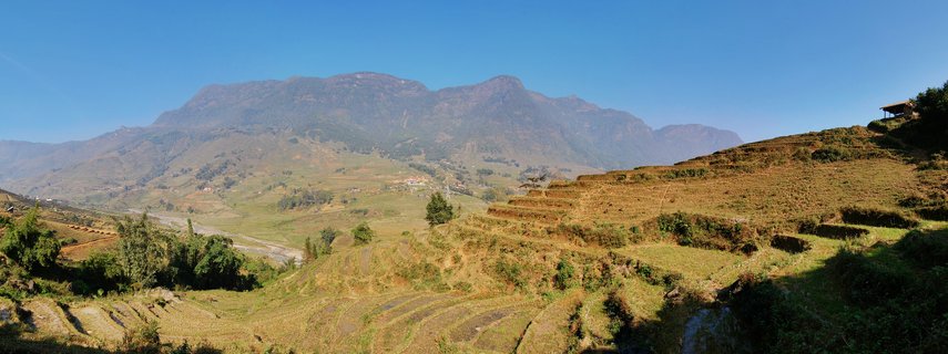 Panoramic landscape showing terraced rice fields on rolling hills with a large mountain range in the background under clear blue sky in Sapa, Vietnam
