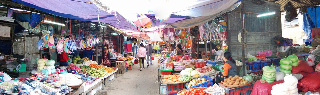 Covered outdoor market in Hoi An with vendors selling fresh produce and textiles under colorful tarps with shoppers walking through