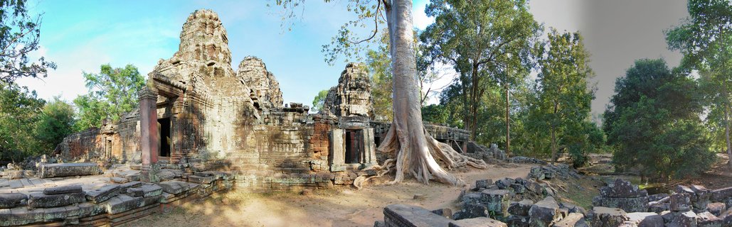Ancient stone temple ruins with weathered sandstone blocks and towers, a large tree with exposed roots growing among the structures, surrounded by tropical trees under a blue sky