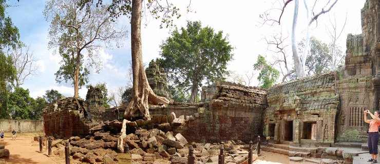 Ancient stone temple ruins with large tree roots growing over weathered sandstone walls at Angkor Archaeological Park in Cambodia, with tourists visible exploring the historic site