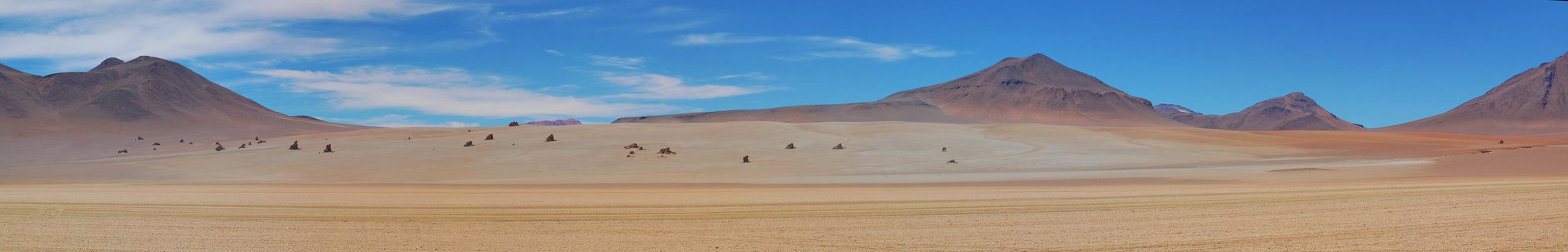 Wide panoramic desert landscape showing a vast tan and ochre plain with scattered small bushes, reddish-brown mountains in the background, and blue sky with white clouds