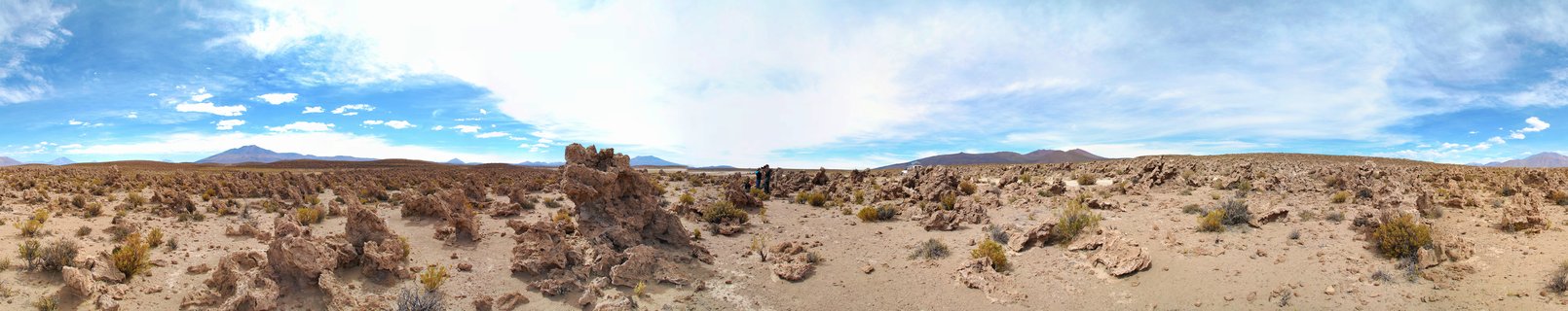 Wide desert landscape showing brown volcanic rocks scattered across sandy ground with small shrubs, distant mountains on the horizon, and blue sky with white clouds above