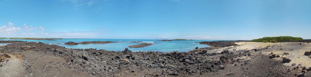 Panoramic coastal landscape showing dark volcanic rocks in the foreground, turquoise ocean water with small rocky islands, green vegetation on the right, and clear blue sky above the Galápagos Islands