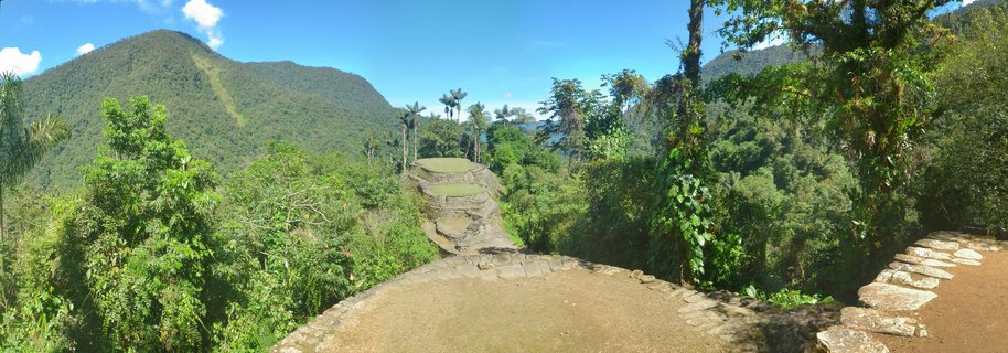 Ancient stone terraces and circular platforms at Ciudad Perdida archaeological site surrounded by dense green tropical jungle with forest-covered mountains in the background under blue sky