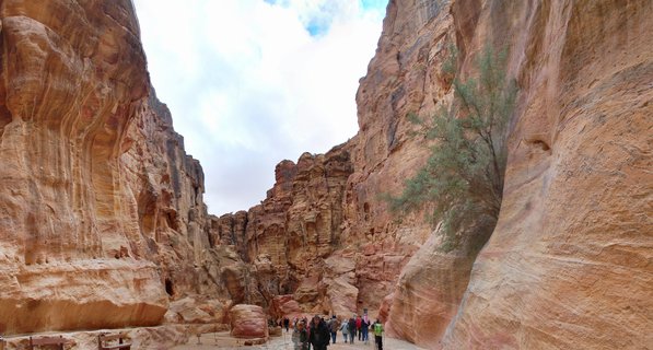 Narrow sandstone canyon with towering reddish-orange rock walls on both sides, tourists walking on pathway below, vegetation growing from cliff face, overcast sky visible above