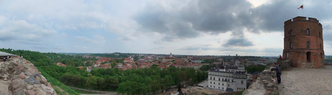 Panoramic view of Vilnius, Lithuania showing Gediminas Tower with Lithuanian flag on the right, overlooking the Old Town with red-tiled roofs, churches, and green trees under cloudy sky