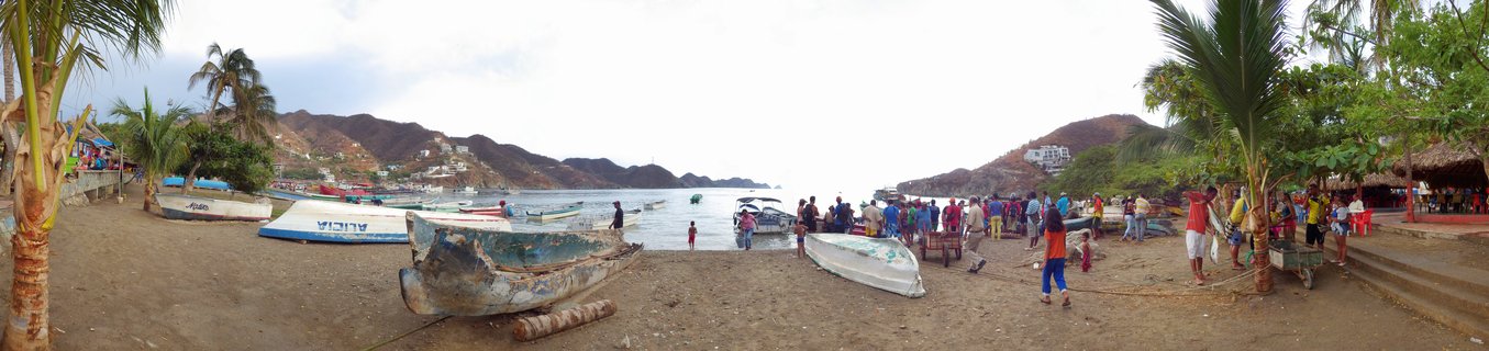 Wide beach scene showing multiple fishing boats on dark sand with palm trees, groups of people, and hills with white buildings in the background at a coastal village in Santa Marta, Colombia