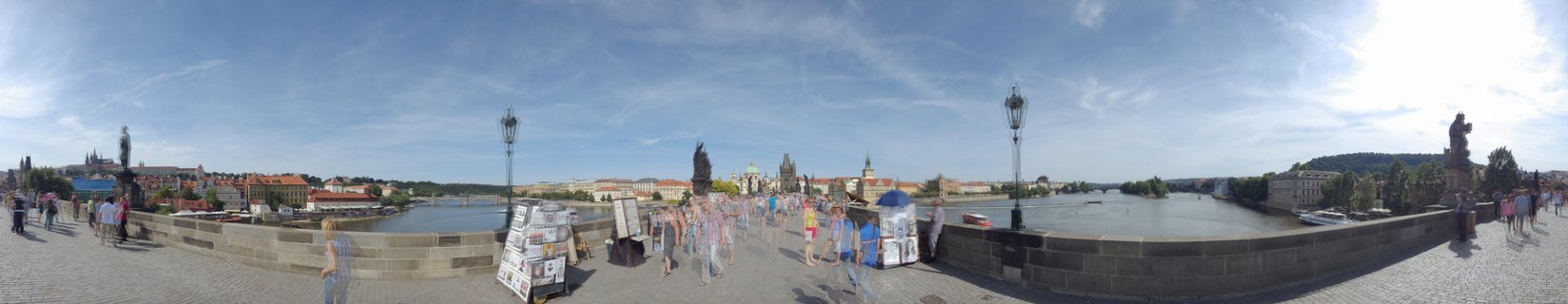 Wide panoramic photograph of Charles Bridge in Prague showing tourists walking on the stone bridge with baroque statues, street vendor stands, and the Vltava River with historic buildings in the background