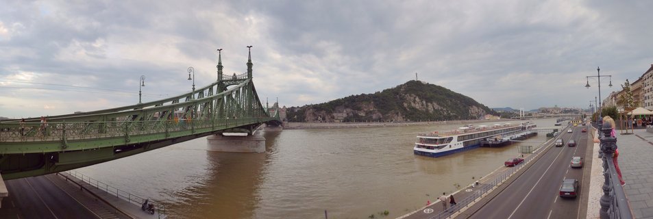 Panoramic view of the green Liberty Bridge crossing the Danube River in Budapest, with Gellért Hill and Liberty Statue visible in the background, river cruise ships docked along the shore, and cars on the riverside road under cloudy skies