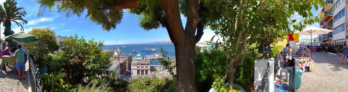 Panoramic view of Valparaíso harbor with ships in the Pacific Ocean, framed by trees and cobblestone paths with street vendor stalls and pedestrians on both sides.