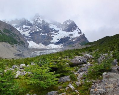 Mountain landscape showing snow-covered granite peaks with glaciers above green forest and rocky terrain in Torres del Paine National Park, Chile