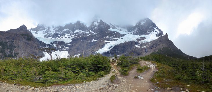 Panoramic view of snow-capped Paine Massif mountain peaks with glaciers in Torres del Paine National Park, Chile. A rocky hiking trail winds through green Patagonian native forest in the foreground, leading toward granite mountains partially obscured by overcast clouds and mist.