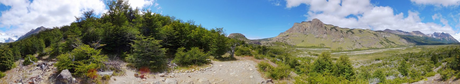 Wide landscape photograph showing a dirt hiking trail through green trees and shrubs leading toward rocky mountains under a blue sky with white clouds in El Chalten, Argentina