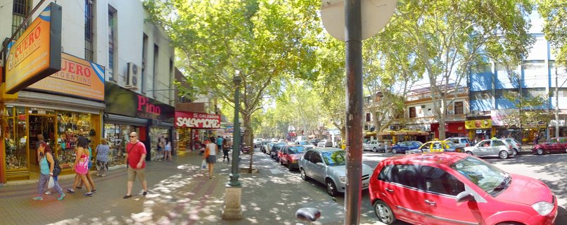 Wide street view showing pedestrians walking past storefronts including leather shops and shoe stores, with parked cars and large green trees lining a sunny urban street in Mendoza