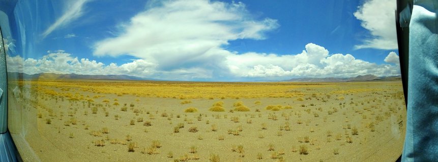 Panoramic view of Atacama Desert showing golden-yellow desert vegetation scattered across sandy terrain with distant mountains and blue sky with white clouds, photographed through vehicle window