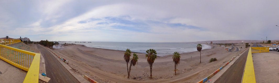 Panoramic coastal view showing a sandy beach with palm trees, yellow railings in the foreground, Pacific Ocean waves, and distant hills under a cloudy sky in Arica, Chile