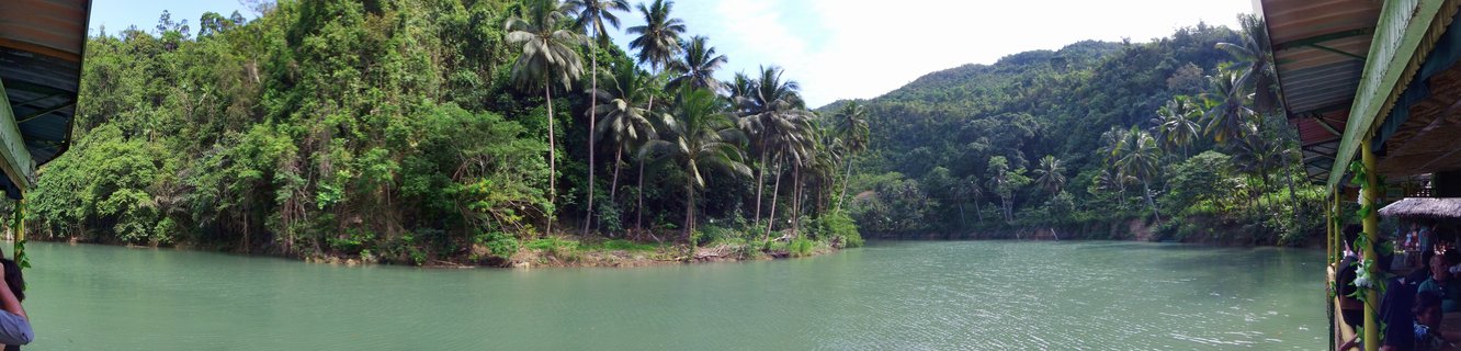 Panoramic photograph of a tropical river surrounded by dense green vegetation and palm trees, with covered boat structures visible on both sides and forest-covered hills in the background
