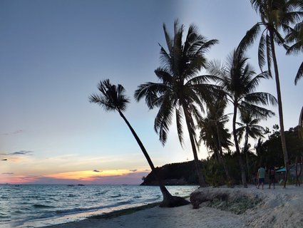 Tropical beach at sunset with multiple palm trees silhouetted against orange and blue sky, white sand, ocean waves, and boats visible on the horizon in Boracay, Philippines