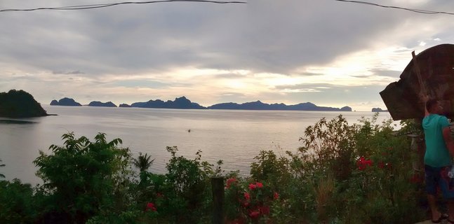 Panoramic tropical seascape showing calm bay water with multiple limestone karst islands on the horizon, lush green vegetation with red flowers in foreground, overcast sky with golden sunset light, Palawan Philippines