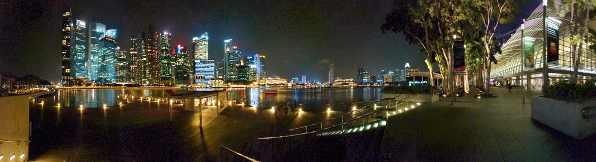 Night panorama of Singapore's Marina Bay showing illuminated CBD skyscrapers reflected in water with waterfront promenade, trees, and modern buildings in foreground