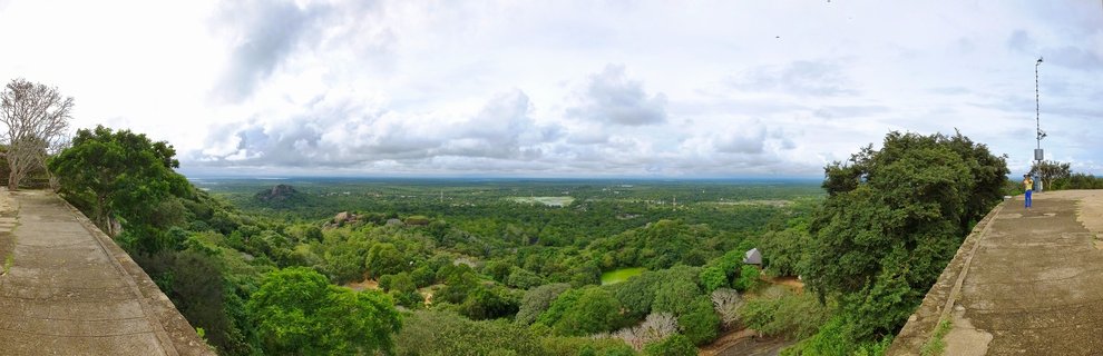 Panoramic view from elevated concrete viewing platform overlooking dense tropical forest canopy at Polonnaruwa Ancient City in Sri Lanka. Overcast sky covers the horizon. A person in blue clothing stands on the right side.