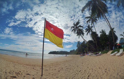 Red and yellow lifeguard flag on sandy beach with palm trees, blue ocean, and people swimming in the distance at Mirissa, Sri Lanka
