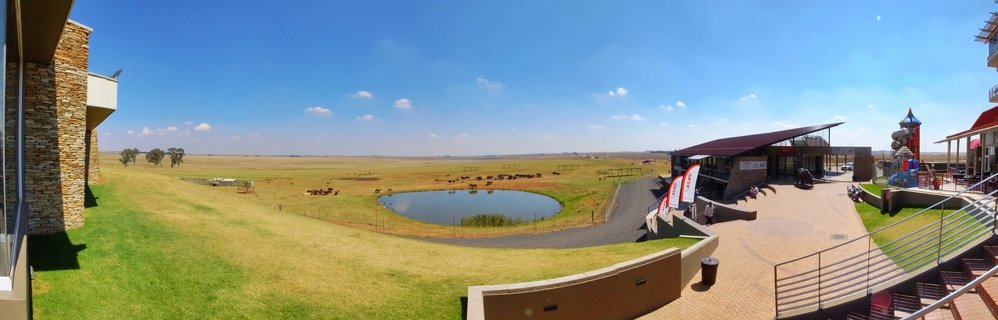 Wide panoramic view of a safari lodge with stone buildings, a central waterhole with grazing animals, open grassland stretching to the horizon under a blue sky with scattered clouds