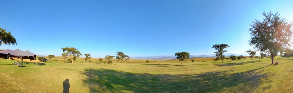 Panoramic view of safari lodge tents on green grassland with scattered trees and mountains in the distance under blue sky, Northern Drakensberg, South Africa