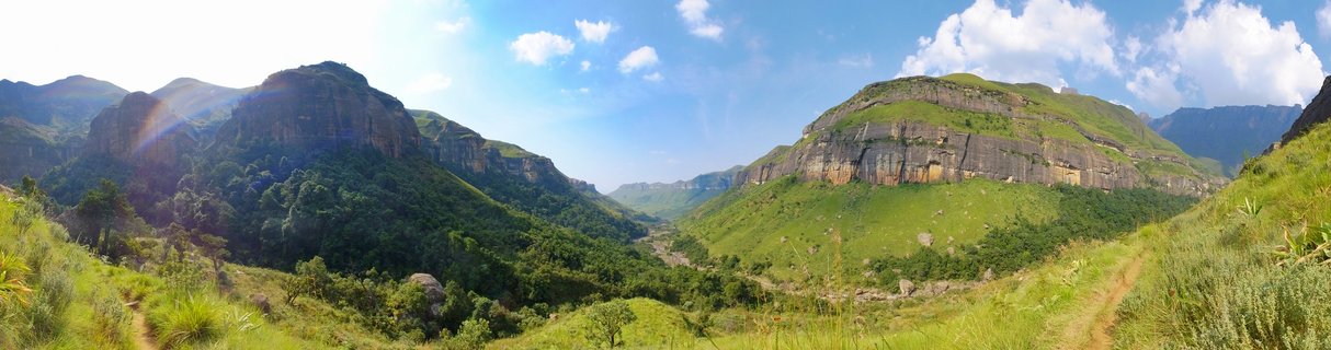 Panoramic landscape showing green mountain valley with steep rocky cliffs on both sides, dirt hiking trails in foreground, blue sky with white clouds above the Drakensberg mountains in South Africa
