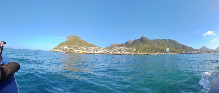 Panoramic view of Cape Town mountains and coastal buildings from a boat on turquoise Atlantic Ocean water under clear blue sky