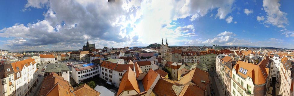 Panoramic aerial view of Brno historic city center with Cathedral of St. Peter and Paul, Czech Republic