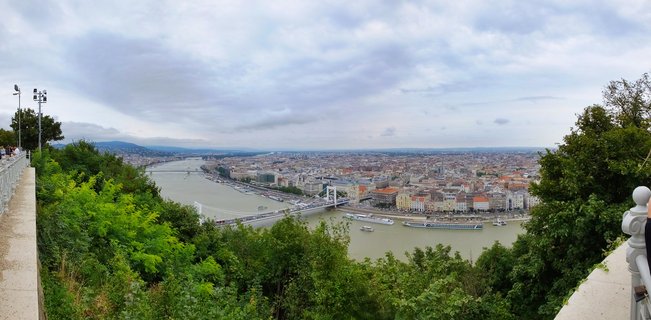 Panoramic view of Budapest showing the Danube River with Elisabeth Bridge, city buildings, and green trees in the foreground under cloudy sky