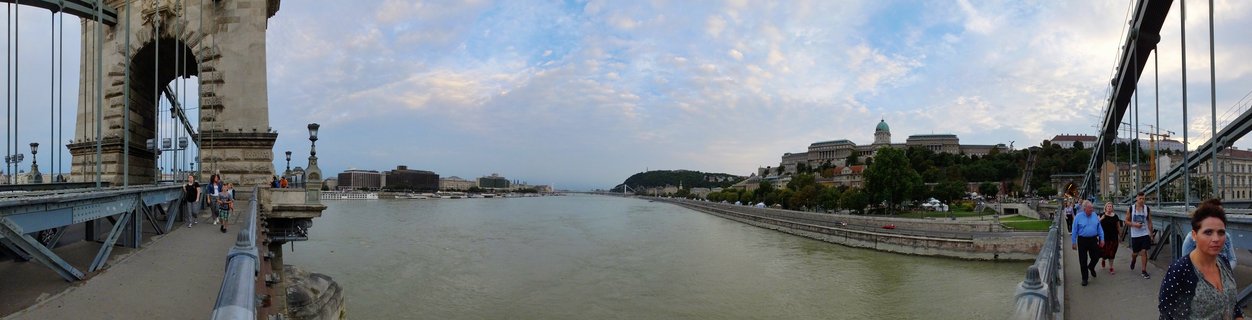 Panoramic view from the Chain Bridge pedestrian walkway showing the Danube River, Buda Castle on the hill, and people walking on the bridge in Budapest