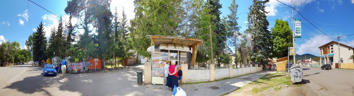 Wide panoramic street view showing a wooden vendor kiosk with people browsing, surrounded by tall pine trees, buildings, and a blue car on a sunny day in Borjomi, Georgia.