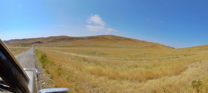 A gravel road running through golden grasslands with rolling hills in the background under a clear blue sky, photographed from a vehicle in Georgia