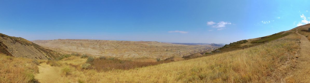 Wide valley landscape with golden dry grass covering rolling hills on both sides, dirt paths visible, clear blue sky above, near Signagi Georgia