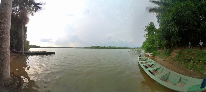 Wooden canoes moored along a muddy Amazon riverbank with palm trees and dense tropical vegetation under cloudy skies