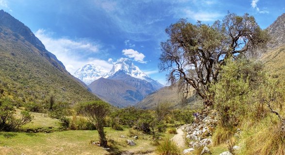 Mountain landscape showing snow-capped Andes peaks in the distance, green valley with scattered trees in the middle ground, and a dirt hiking trail with small figures of hikers on the right side under a blue sky with white clouds