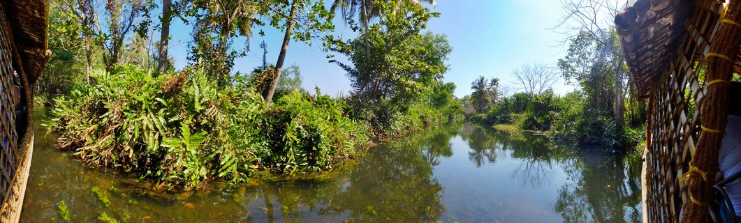 View from a traditional houseboat showing calm backwater canal flanked by dense tropical green vegetation and palm trees under blue sky, with woven bamboo boat structure visible on both sides