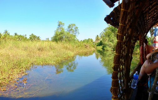 View from inside a traditional thatched-roof houseboat showing passengers seated on the right side, with rope-bound bamboo structure visible, looking out onto calm blue-green backwater canal lined with tall grasses, palm trees and tropical vegetation under clear blue sky