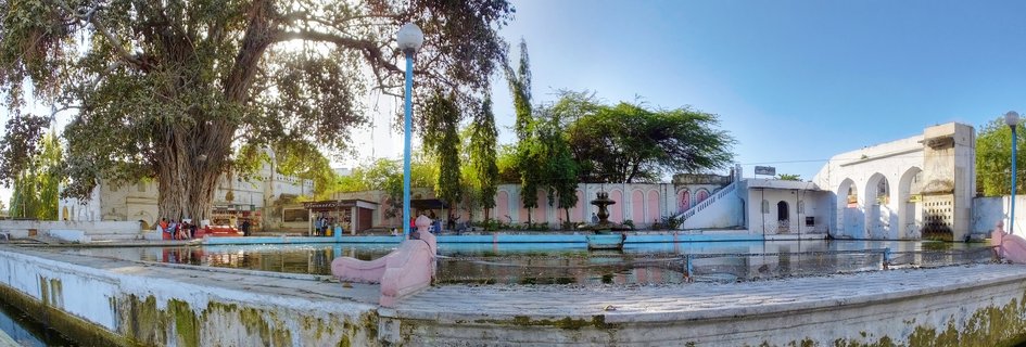 Historic water mill courtyard with rectangular pool, pink elephant statues at corners, large banyan tree, white arched buildings, fountain, and visitors under blue sky in Aurangabad, India